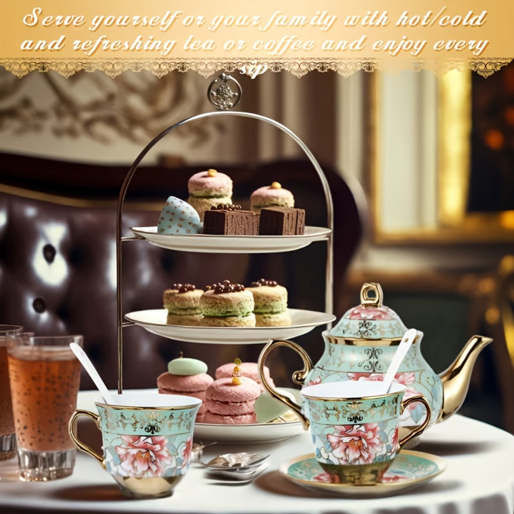 20-Piece Floral Ceramic Tea Set with Saucers & Metal Stand, European Afternoon Tea Service, Blooming Design