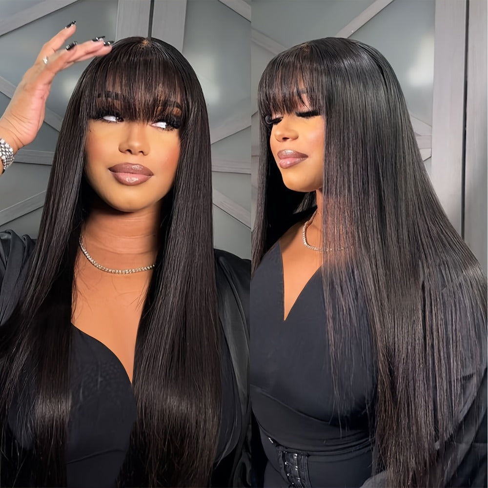 Synthetic Wig 26-Inch Black Straight Style with Full Bangs, Fiber and Machine Cap with Item-Specific Color, Length, Texture and Cap Choices