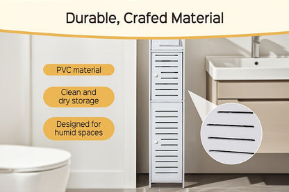Slim Bathroom Storage Cabinet, PVC Toilet Paper Holder & Organizer for Small Spaces, Easy Assembly