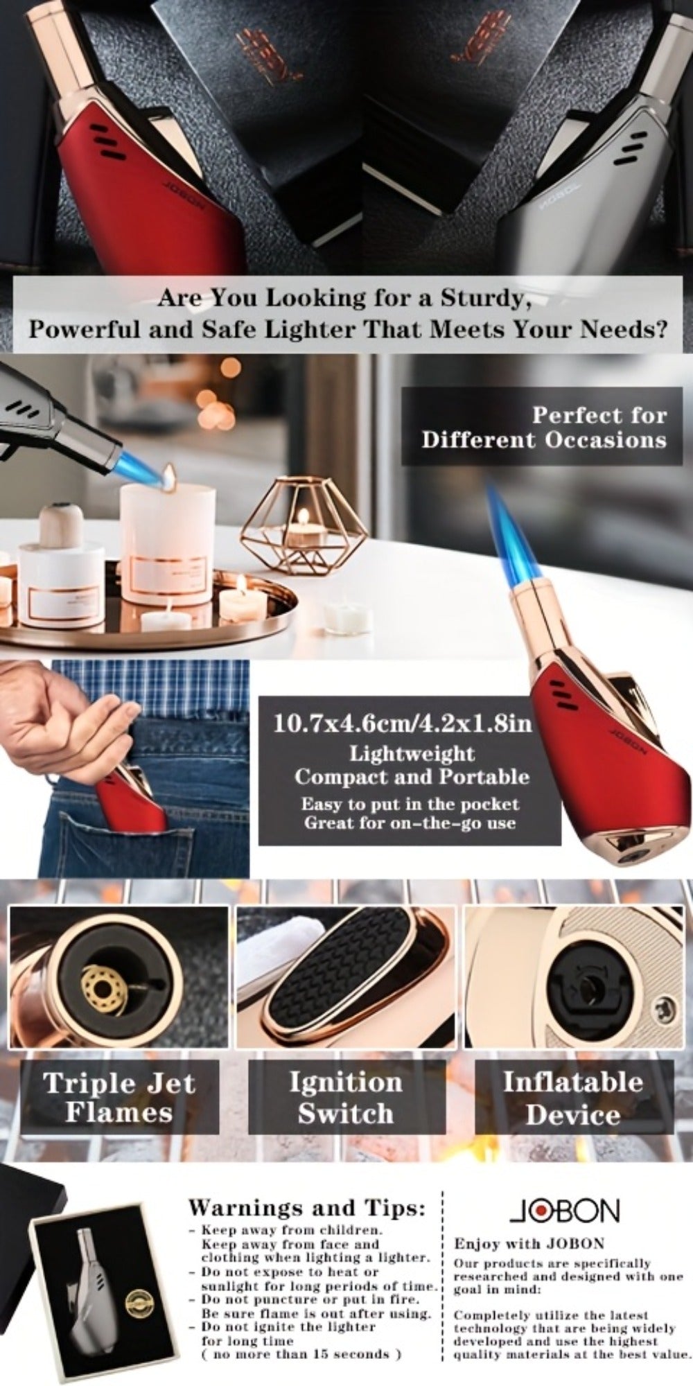 JOBON Angled-Body Torch Lighter with Cigar Punch, Side Ignition Switch and Silver Gift Box