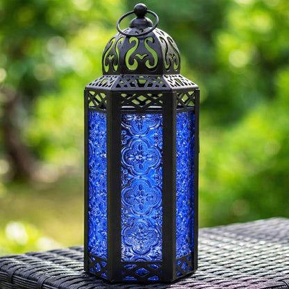 Moroccan Candle Lantern Holder - Decorative Metal & Glass Lantern with Embossed Floral Design for Indoor Home Decor