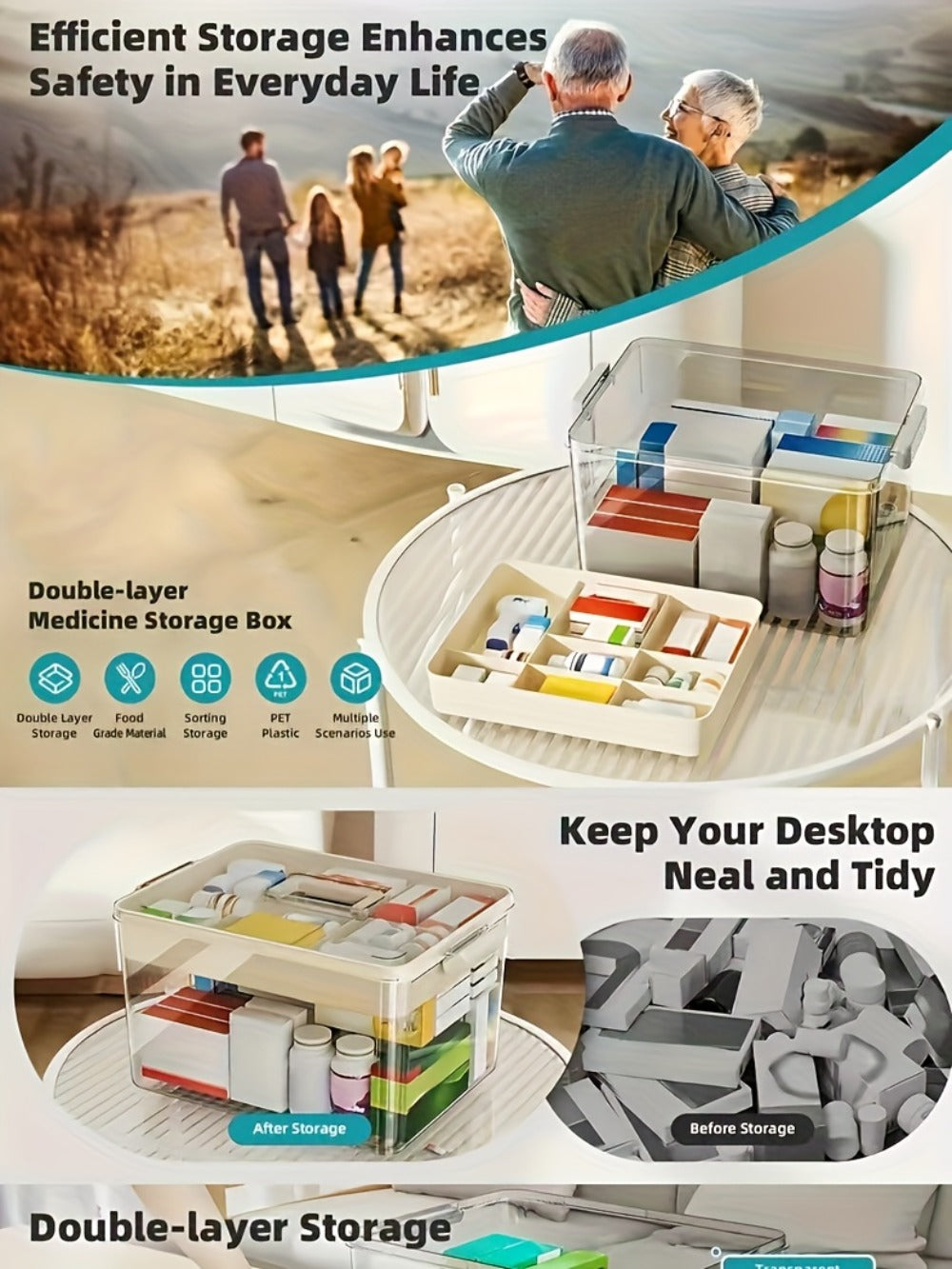 Medicine Storage Box Pill Organizer Multi-Layer Plastic with Handle Large First Aid Storage for Entryways, Bedrooms and Living Spaces