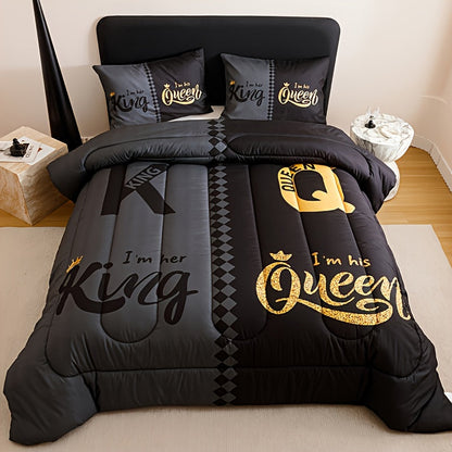 King and Queen Crown Print Comforter Set in Black or Red with Twin, Full, Queen and King Sizes