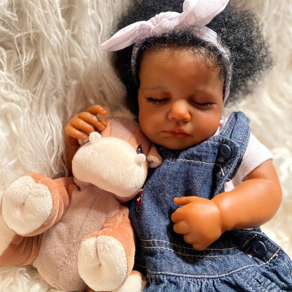 Reborn Baby Doll 19 Inch Curly Blue Hair with Sleeping Sounds Cloth Body & Lifelike Weight