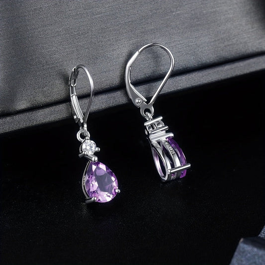 Dangle Earrings for Women - Amethyst 925 Sterling Silver Teardrop Leverback Drop Genuine Gemstone - product detail view 2