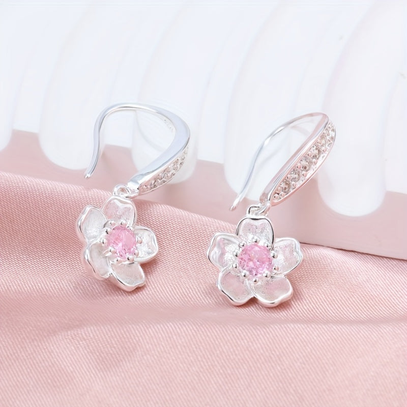 Dangle Earrings for Women - Cherry Blossom Flower for - 925 Sterling Silver Pink Zirconia Peach - product detail view 8
