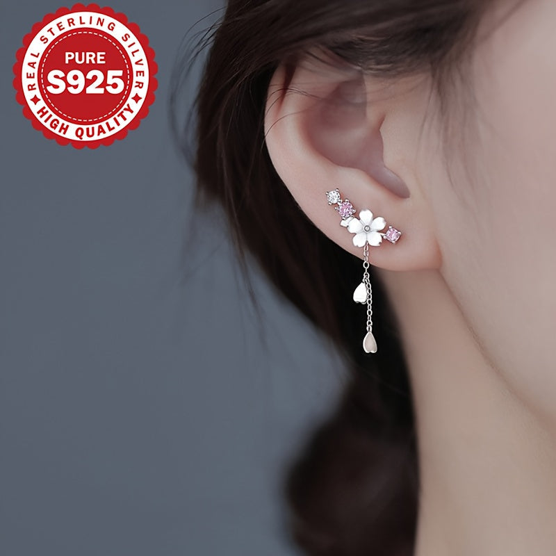 Dangle Earrings for Women - Cherry Blossom Tassel S925 Sterling Silver Japanese Style Flower Drop - product detail view 9