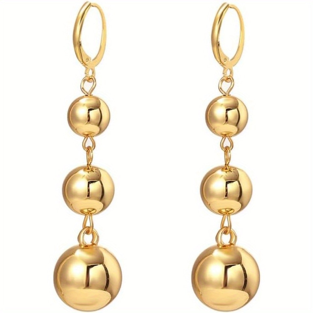 Dangle Earrings for Women - S925 Sterling Silver Three Ball Drop for Retro French High-End Long , Gold - product detail view