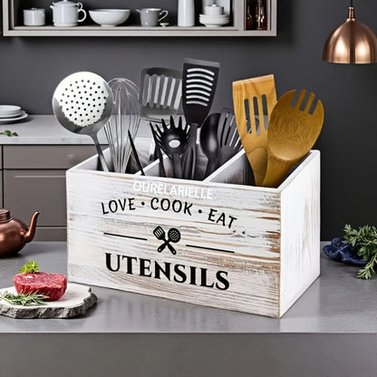 Wooden Cutlery Storage Box with Grid Compartments Chopstick Organizer Rack with Metal for Home Cooking, Dining and Outdoor Meals