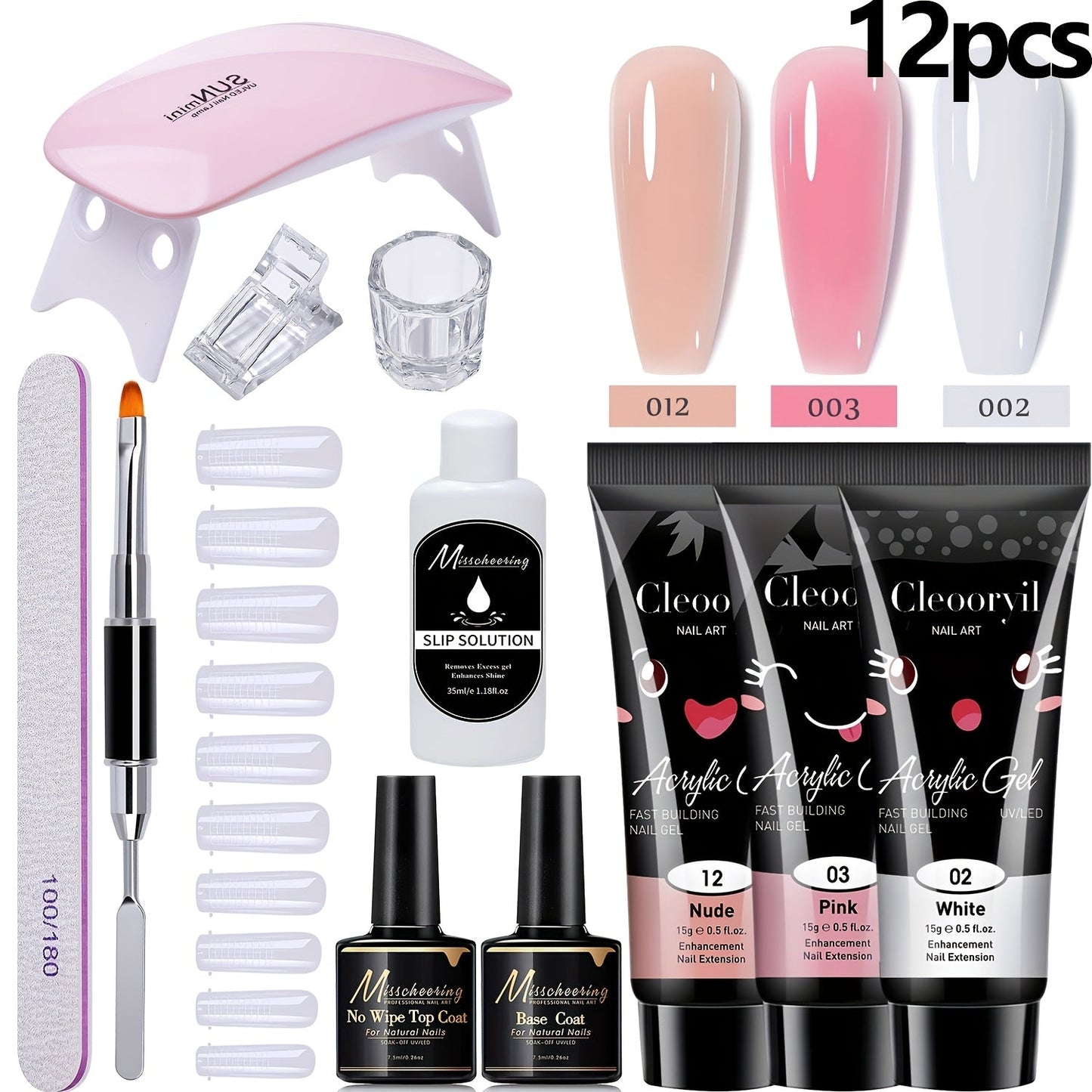 Polygel Nail Kit with LED Lamp 12Pcs Complete Poly Gel Nail Extension Builder Set with Stretch Gel Bicolor Base Coat Finger Sleeves DIY