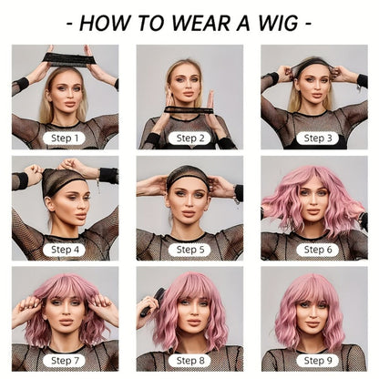Synthetic Wig 26-Inch Ombre Rose-Red to Dark-Purple Body Waves with Bangs and Side Part for Cosplay