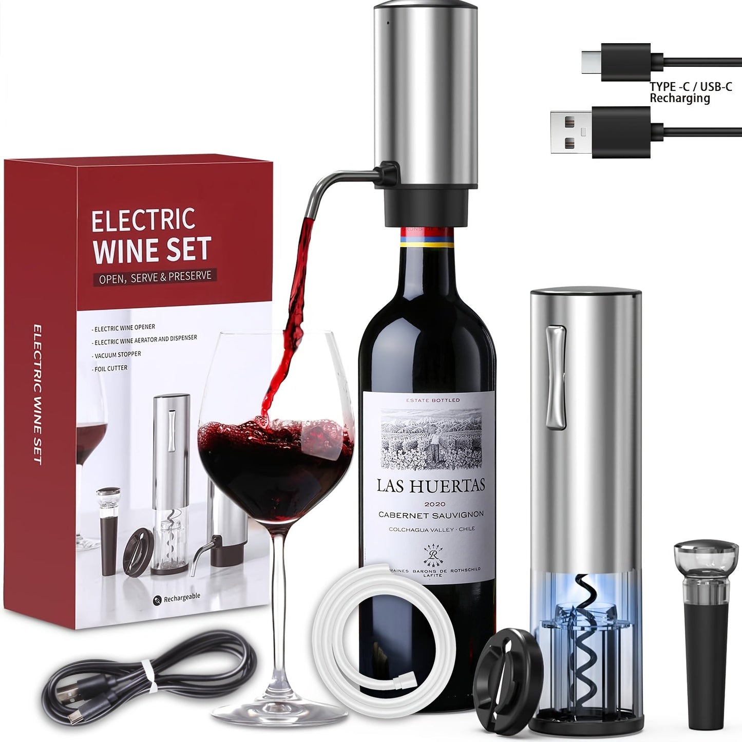 Electric Wine Opener Set, Rechargeable Corkscrew with Wine Aerator Dispenser, Vacuum Stopper & Foil Cutter for Any Occasion Gift