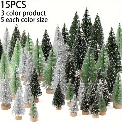 Mini Artificial Christmas Trees Set of 15, Bottle Brush Tabletop Trees with Wooden Base & Snowflake Sprinkles