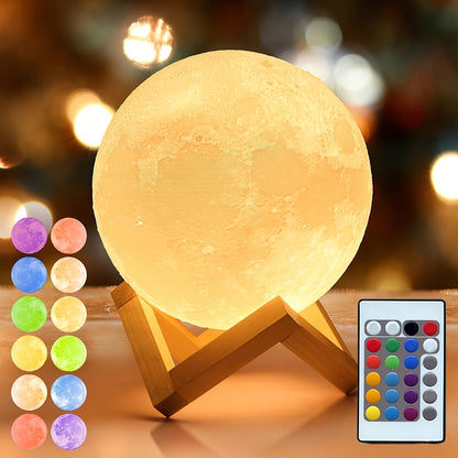 15cm Lunar Globe LED Night Light with Wood Stand, USB Rechargeable Power, Remote and 16 Colors