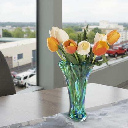 Hand Blown Glass Vase Colorful Wide Mouth, Teal Green Art Glass Flower Vase for Fresh Flowers & Spring Arrangements