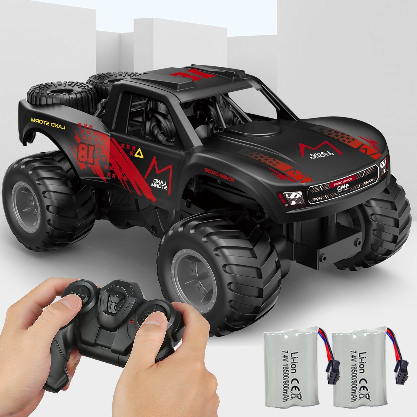 RC Monster Truck or Pickup 1:16 Scale in Five Body and Color Styles with 4WD Layout and Two Rechargeable Batteries
