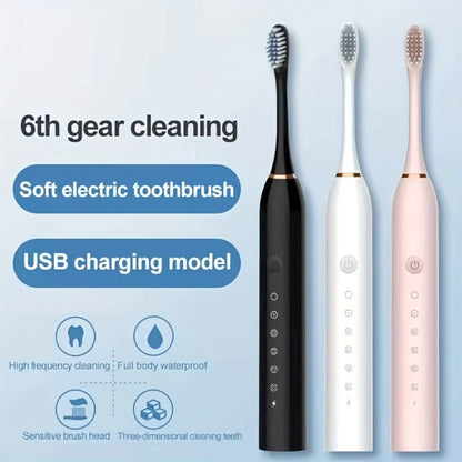 Rechargeable Electric Toothbrush with 6 Cleaning Modes & Smart Timer, USB Sonic Toothbrush for Adults