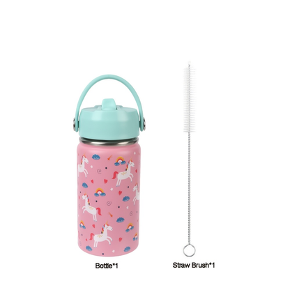 Insulated Stainless Steel Water Cup with Straw | 12oz 340ml, 3D Cartoon Pattern, Double Wall, Handle & Straw Brush – Travel