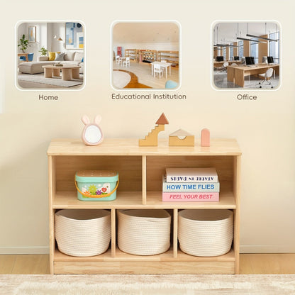 Rubber Wood 5-Compartment Bookshelf 35.4", 2-Tier Wooden Storage Cabinet for Classroom, Playroom & Preschool