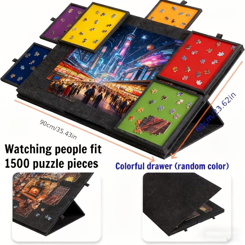 Dark-Gray Tilting Puzzle Board with Six Colored Drawers, Folding Stand and 1000-Piece Label