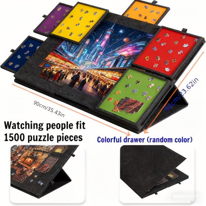 Dark-Gray Tilting Puzzle Board with Six Colored Drawers, Folding Stand and 1000-Piece Label
