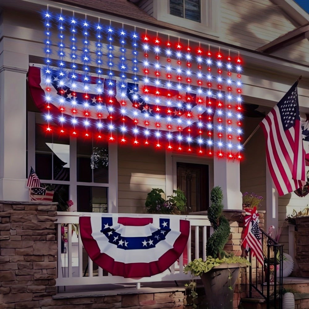 American Flag LED Curtain Lights 242 LEDs USB Powered, 4th of July Patriotic Decorations for Home Porch Garden Courtyard