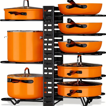 Eight-Tier Pot and Pan Organizer Rack in Black with Side Cookware and Lid Positions, One- or Two-Piece Sets