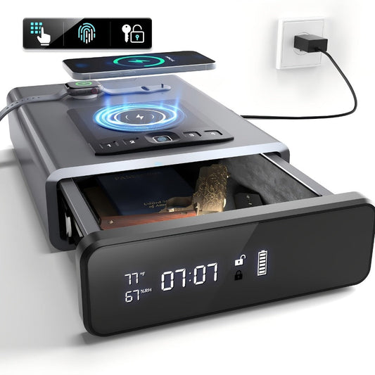 Biometric Gun Safe with Fingerprint Lock LED Clock and Wireless Charging DOJ Pistol Safe for Entryways, Bedrooms and Living Spaces