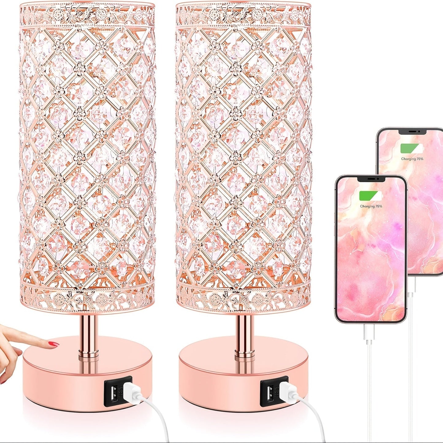 Crystal Cylinder Bedside Table Lamp with Dual USB Ports in Three Finishes and One- or Two-Pack Options