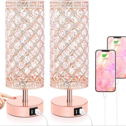 Crystal Cylinder Bedside Table Lamp with Dual USB Ports in Three Finishes and One- or Two-Pack Options
