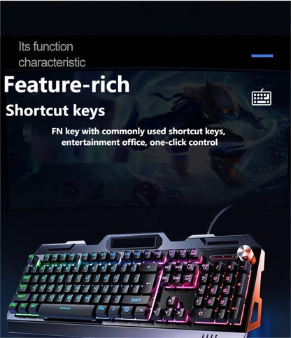 Gaming Keyboard Wired 104 Keys Full Metal Panel – LED Color Backlight, Multimedia Knob, Faux Mechanical Feel, USB