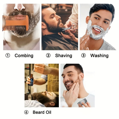 Beard Grooming Kit Men 6-Piece Complete Set – Beard Oil Conditioner Brush Comb Scissors & Storage Bag, All-in-One Beard Care Gift for Dad
