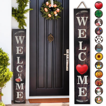 Porch Sign with 12 Interchangeable Seasonal Icons 47 Inch Tall – Welcome Sign for Front Door, Wind Resistant Leaner Board for Patio Yard