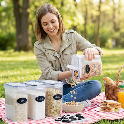 Food Storage Container Four-Pack with 4L Clear Pantry Canisters, Pour-Spout Lids, Labels and Marker