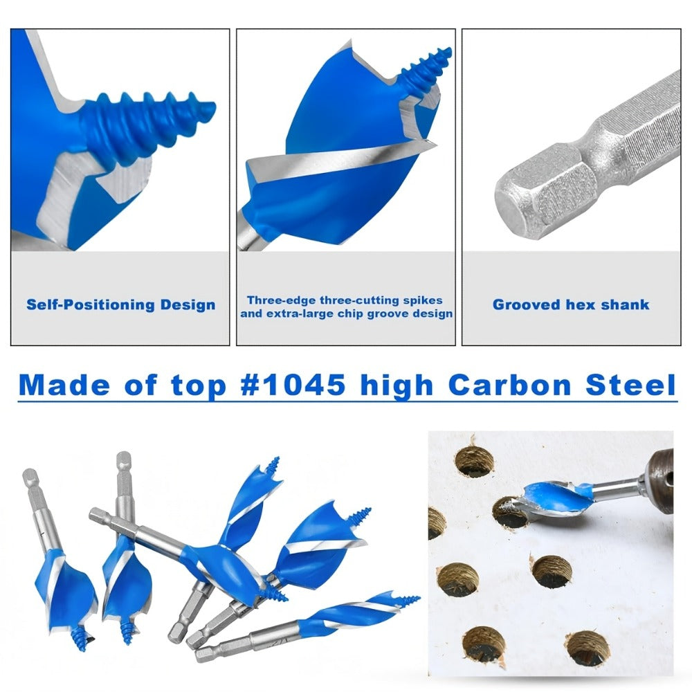 Drill Bit Set 6PCS Hex Shank Quick Change - Metal Hexagonal Handle with 4 Slots & 4 Blades