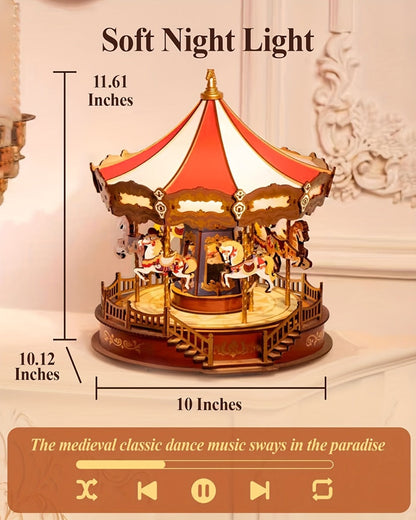 Rolife Carousel Music Box Kit, DIY 3D Wooden Puzzle Architectural Craft Model, Spinning Carousel with Music
