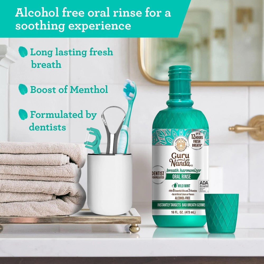 GuruNanda Alcohol Free Mouthwash 2 Pack 16 oz Each Fluoride Free Oral Rinse with 8 Essential Oils Sodium