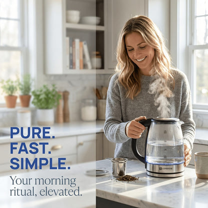 Electric Kettle by LONGADS, 2L 1000W Glass Body with Blue LED Indicator and Stainless Steel Heating Base