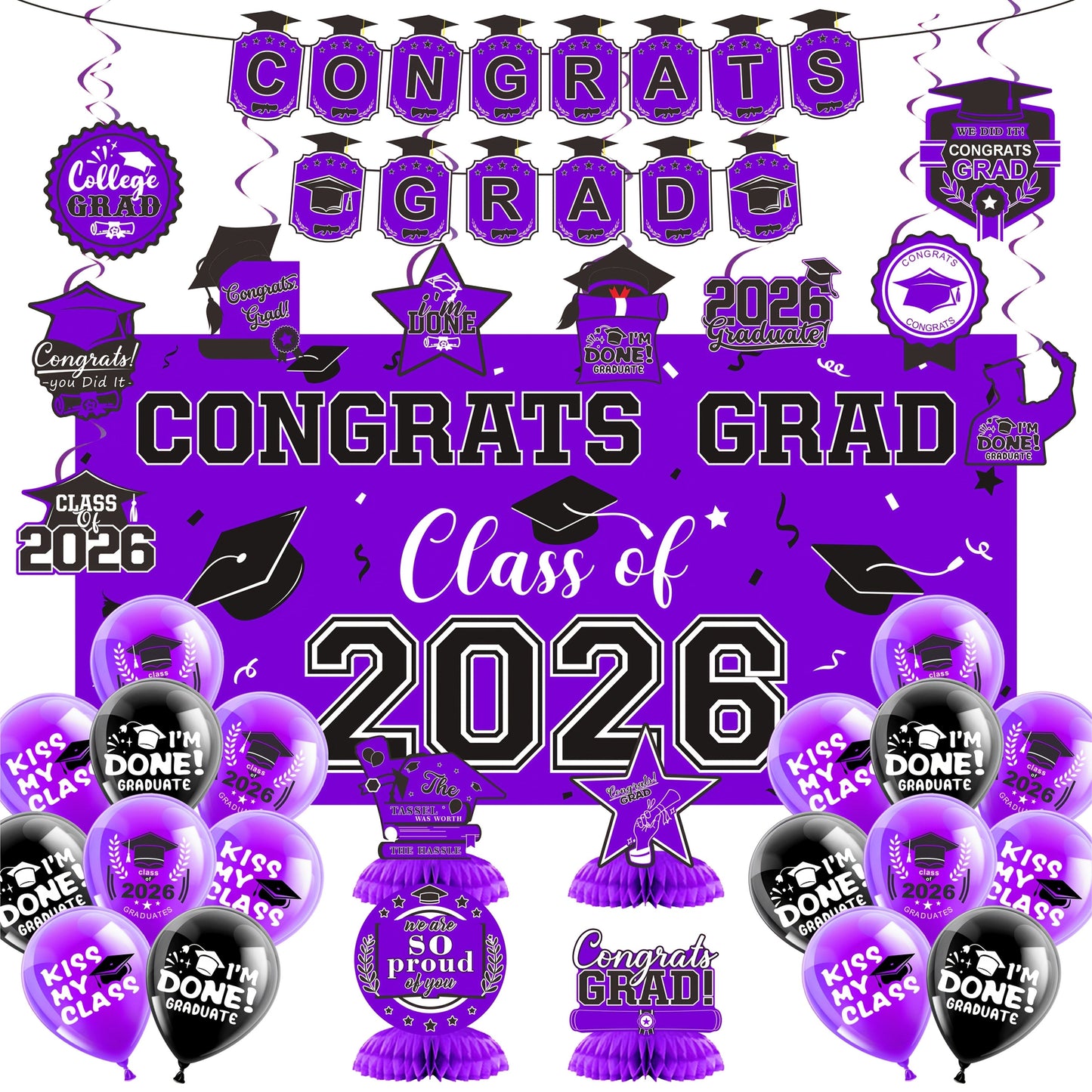 Class of 2026 Graduation Decoration Set with Letter Banner, Hanging Pieces and Six Color Options