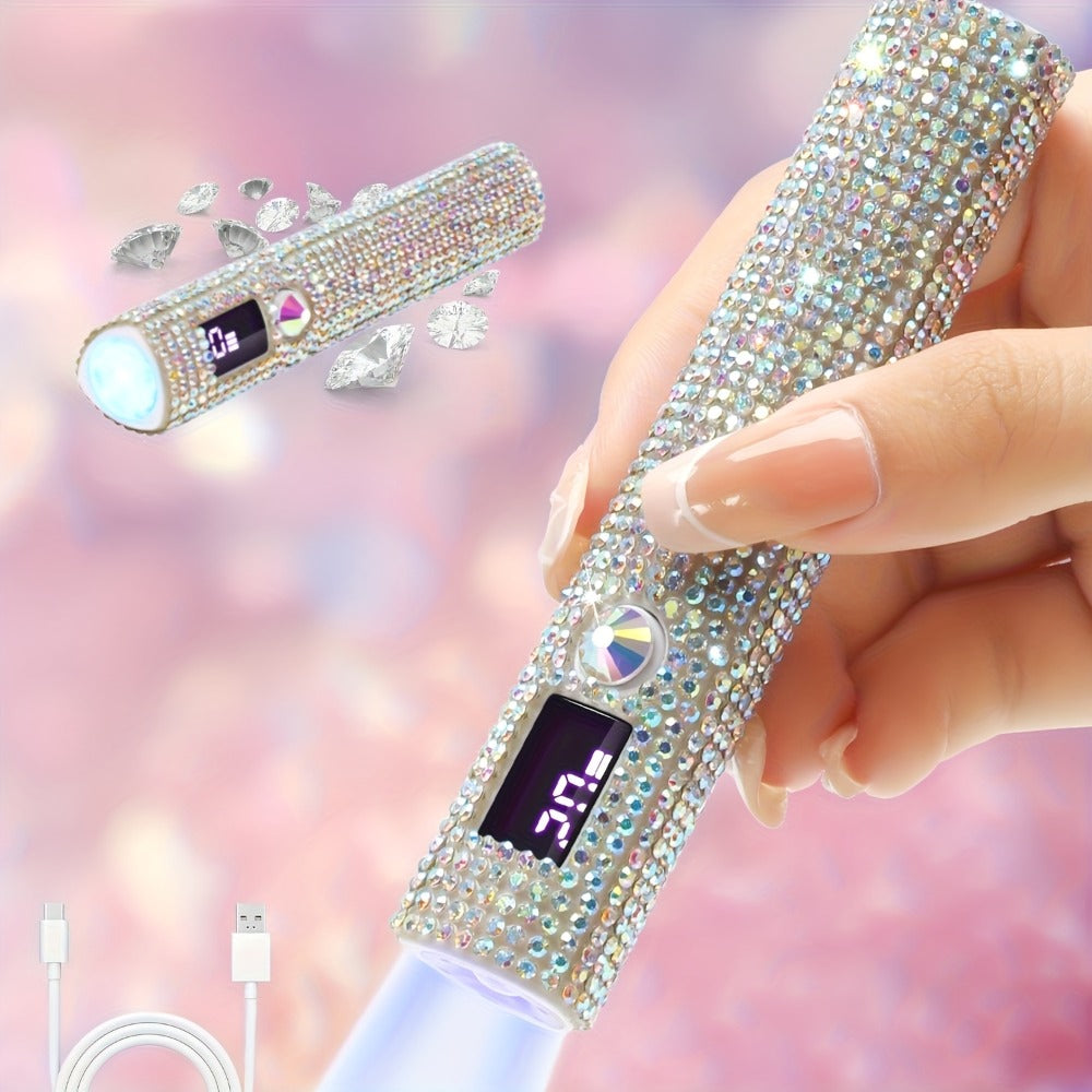 Portable LED Nail Lamp Rhinestone Design USB Rechargeable 365+405nm Quick Dry Gel Curer 20s 60s Timer LCD Display Wireless Nail Dryer