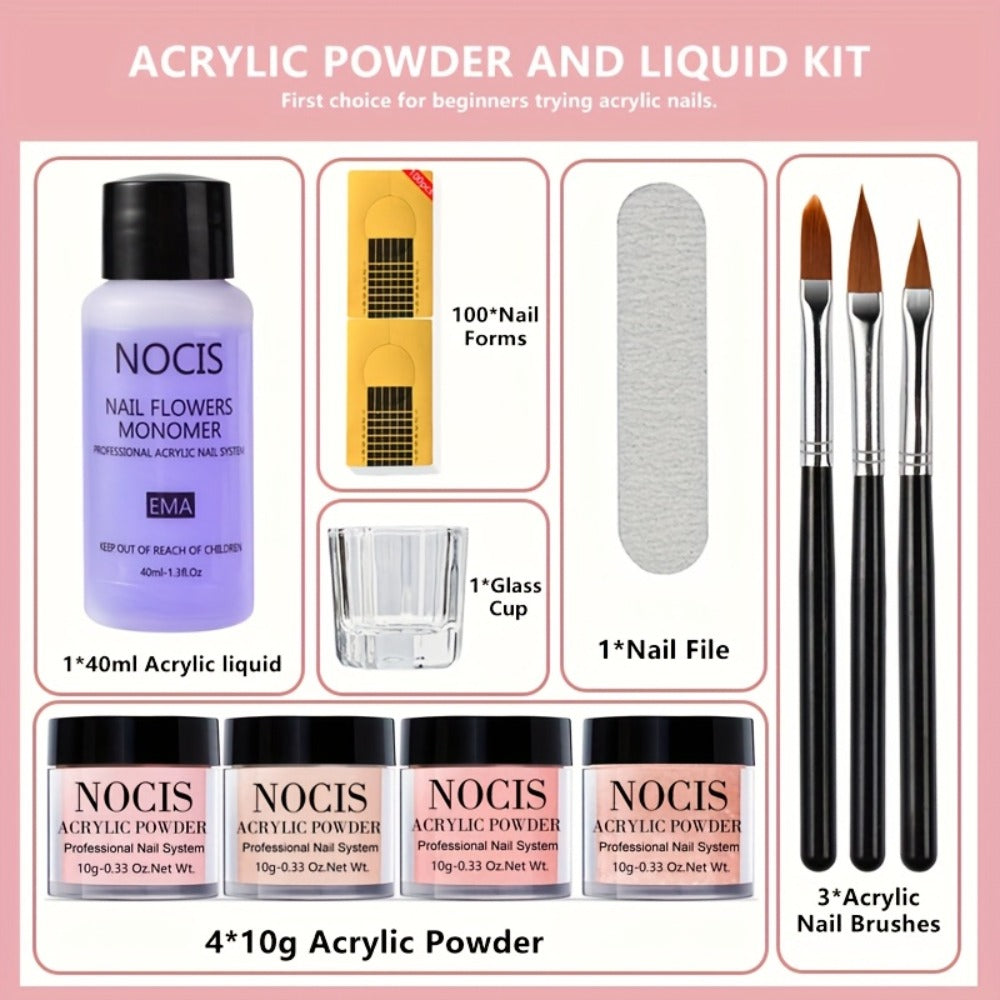 Acrylic Nail Kit NOCIS Four 10g Pink and Warm Neutral Powders with Liquid Monomer, Three Brushes and File