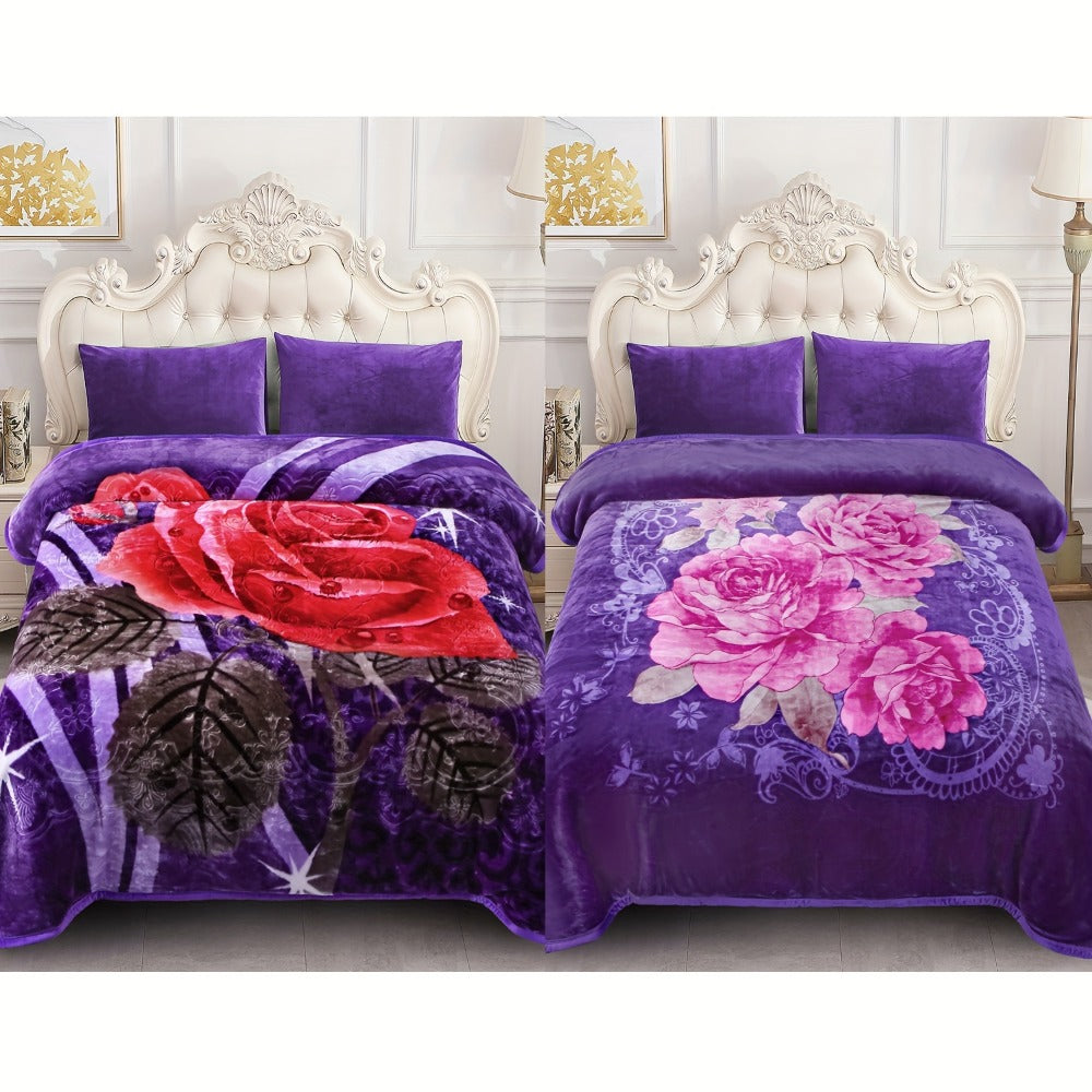 Reversible Plush Blanket 2-Ply 520GSM Milk Velvet - Queen King Size Blanket with Vibrant Animal & Floral Designs