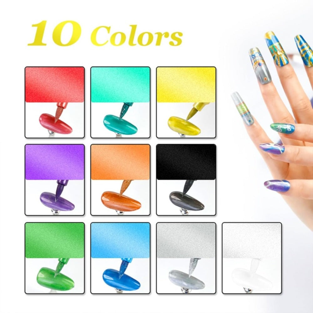Nail Art Pens Set 10 Metallic Colors with 12pcs Nail Stickers – Dual-Headed 3D Acrylic Polish Markers for Doodle Dot Line Stitching Graffiti