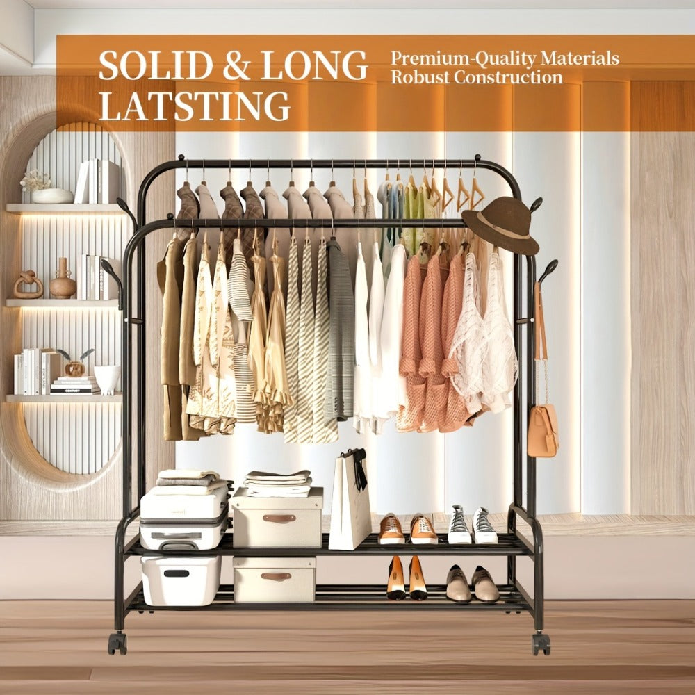Black or Gold-Color Double-Rod Clothing Rack with Wheels, Side Hooks and 150 x 110 x 46 cm Frame