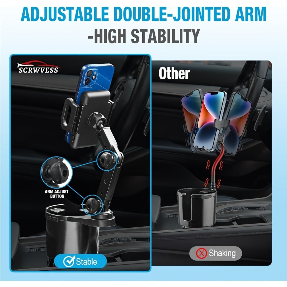 2-in-1 Car Phone Holder & Cup Holder Extender – Swivel Rotating Mount with Shock-Absorbing Trim, Universal for Cars, SUVs & Trucks, Black