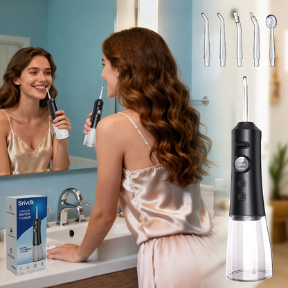 Water Flosser Srivdk Cordless Oral Irrigator with 300ml Tank, Three Pressure Modes, Six Nozzles and USB-C Charging