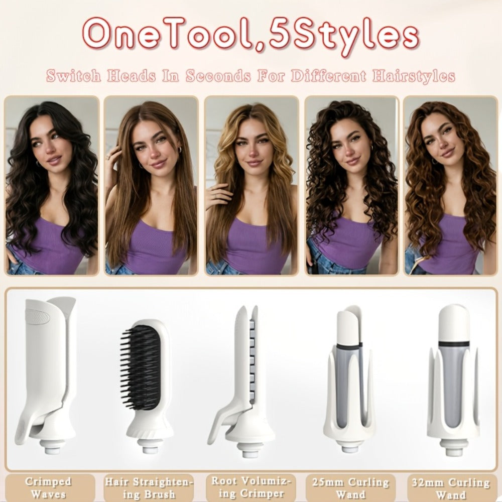 5-in-1 Hair Styler Set with Interchangeable Curling Wand & Straightening Brush - Multi Barrel Curling Iron Kit for Waves