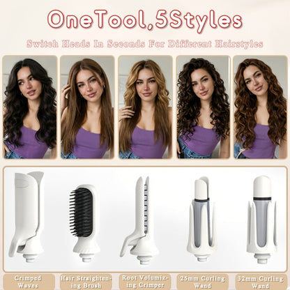 5-in-1 Hair Styler Set with Interchangeable Curling Wand & Straightening Brush - Multi Barrel Curling Iron Kit for Waves