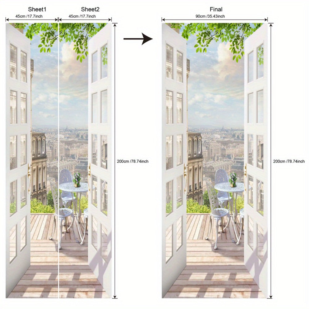 Balcony-View Door Mural Panel Set with Two 17.7-Inch Sheets and 35.43 x 78.74-Inch Final Scene