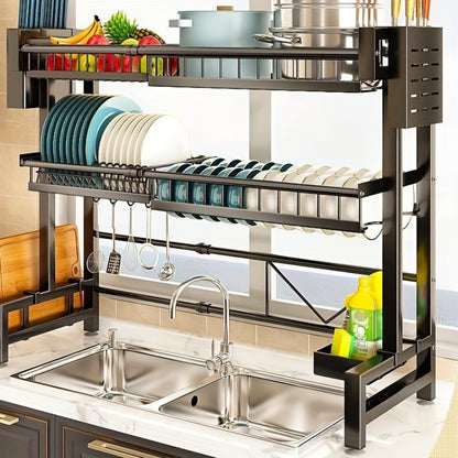 Expandable Over-Sink Dish Drying Rack with Single- or Double-Layer Black Frame and Adjustable Width
